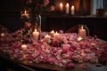 the table is strewn with scarlet rose petals and candles are burning, a romantic atmosphere generative ai