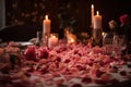 the table is strewn with scarlet rose petals and candles are burning, a romantic atmosphere generative ai