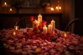 the table is strewn with scarlet rose petals and candles are burning, a romantic atmosphere generative ai