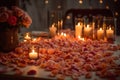 the table is strewn with scarlet rose petals and candles are burning, a romantic atmosphere generative ai