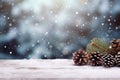 Table surface with fir branches and pinecones. Copy space, add product. Christmas decoration. Ai generative Royalty Free Stock Photo