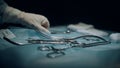 Table with surgical instruments in dark sterile operating room side view closeup Royalty Free Stock Photo