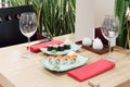 Table with sushi at plates and empty glasses