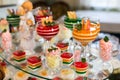 Table with sweets, birthday cake, cocktails, pastries.