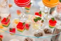 Table with sweets, birthday cake, cocktails, pastries.