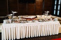 Table with sweets, candy, buffet. Dessert table for a party goodies for the wedding. cakes, cupcakes, pops. sweet. Close up. party Royalty Free Stock Photo