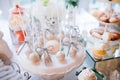 Colorful table with sweets and goodies for the wedding party reception, decorated dessert table. Delicious sweets on candy buffet. Royalty Free Stock Photo