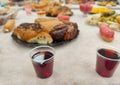 The table of sweets and season fruits- a traditional table for the Jewish New Year Royalty Free Stock Photo