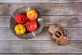 On the table in the synagogue are the symbols of Rosh Hashanah apple and pomegranate