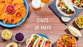 Table with tacos, mango salsa, nachos with sauce, guacamole, lemon beer for Cinco de Mayo celebration party. Appetizers and