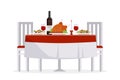 Table with tasty dishes and two chairs vector flat illustration. Romantic dinner in the restaurant concept isolated on