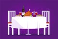 Table with tasty dishes and two chairs vector flat illustration. Romantic dinner in the restaurant concept on purple Royalty Free Stock Photo