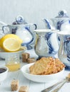 Table tea set for afternoon tea biscuits lemon jam. Royalty Free Stock Photo