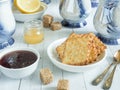 Table tea set for afternoon tea biscuits lemon jam. Royalty Free Stock Photo