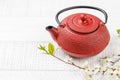 Table with teapot adorned with cherry blossom branch Royalty Free Stock Photo