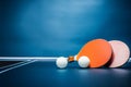 Table tennis essentials, Rackets, plastic ball, set against a blue backdrop