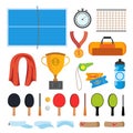 Table Tennis Icons Set Vector. Table Tennis Accessories. Racket, Net, Ball, Table. Isolated Flat Cartoon Illustration Royalty Free Stock Photo