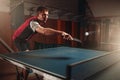 Table tennis, man playing game, ball with trace