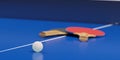 Table tennis or ping pong paddles or rackets with table tennis ball on blue table background, selective focus Royalty Free Stock Photo