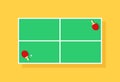 Table tennis. Table for ping pong top view with racket and ball. Game and tournament. Green cartoon court for pingpong