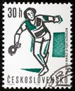 Table tennis player in vintage stamp