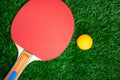 Table tennis racket with orange balls,Ping-Pong paddles on greensward Royalty Free Stock Photo