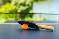 Table tennis table with racket and orange ball on backyard Royalty Free Stock Photo