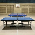 tennis tables arranged in a row in an empty sports hall Royalty Free Stock Photo