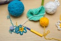 On the table there is a set for needlework - knitting needle, thread, clews Royalty Free Stock Photo