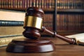 On the table there is a wooden gavel of a judge close-up on a highly blurred background Royalty Free Stock Photo