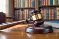 On the table there is a wooden gavel of a judge close-up on a highly blurred background of books of laws Royalty Free Stock Photo