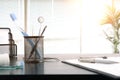 Table with tools in room of consultations of a dentist Royalty Free Stock Photo