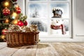 Kitchen table with christmas decorations and blurred kitchen background. Royalty Free Stock Photo
