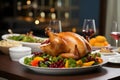 Table top with roast turkey chicken around vegetables, fruits, glasses of wine. Turkey as the main dish of thanksgiving for the