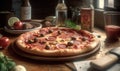 Table Top Scene of a Pepperoni Pizza: American pizza thick crust, tomato sauce, mozzarella cheese, pepperoni. Ai Generated