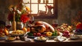 Table top set with food turkey vegetables, fruits wine glasses flowers. Turkey as the main dish of thanksgiving for the harvest