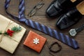 Table top view of accessories men fashion to travel with decorations & ornaments merry Christmas Royalty Free Stock Photo