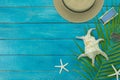 Table top view accessory of clothing women & men  plan to travel in summer holiday background concept. Royalty Free Stock Photo