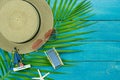 Table top view accessory of clothing women & men  plan to travel in summer holiday background concept Royalty Free Stock Photo