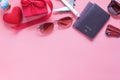 Table top view accessory of clothing women & men to plan travel in valentine`s day background Royalty Free Stock Photo