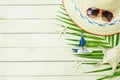 Table top view accessory of clothing women  plan to travel in summer holiday background concept. Royalty Free Stock Photo