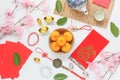 Table top view aerial of accessories and Chinese new year and Lunar new year festival concept background.
