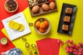 Table top view aerial image of accessories and Chinese new year and Lunar new year festival Royalty Free Stock Photo