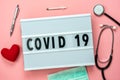 Table top view aerial image of accessories healthcare & medical with coronavirus or COVID-19 text background concept.Flat lay of Royalty Free Stock Photo