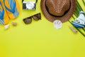 Table top view aerial image of accessory for summer travel holiday background. Royalty Free Stock Photo