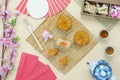 Table top view aerial image of decorations Chinese Moon Festival or lunar new year Royalty Free Stock Photo