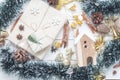 Table top view aerial image of ornaments & decorations Merry Christmas Royalty Free Stock Photo