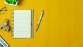 Table top view aerial image stationary on office desk background concept.Flat lay objects the blank space on the notebook with pen Royalty Free Stock Photo
