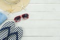 Table top view aerial image of women fashion to travel in beach summer holiday background.Flat lay essential accessories red Royalty Free Stock Photo