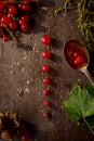 Table top view bunch f eparated red currant berries